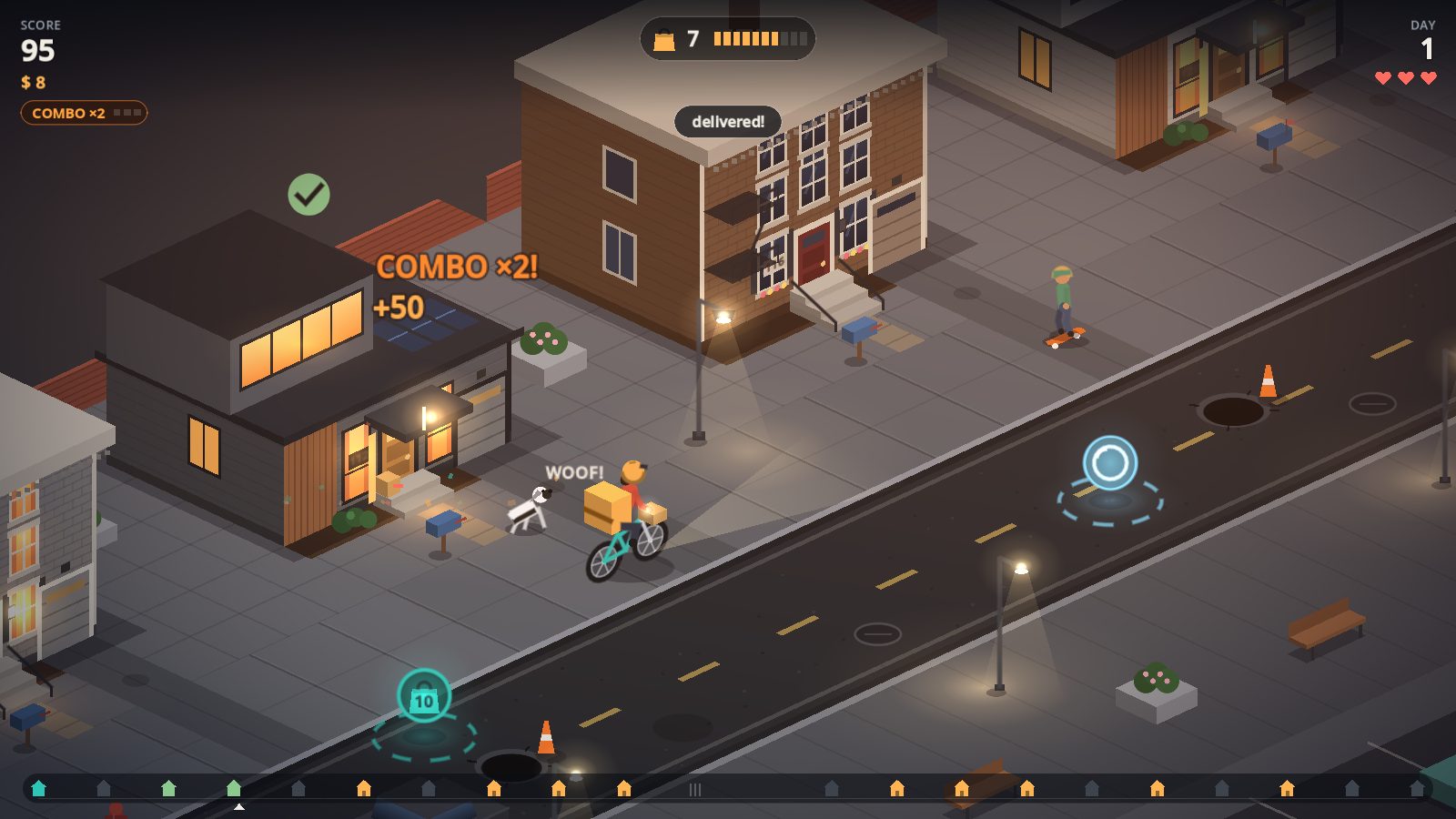 Downtown rowhouses at night with a combo multiplier